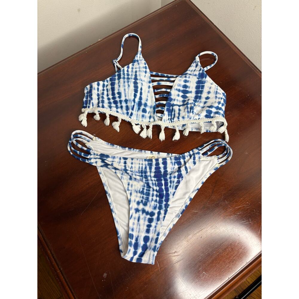 Cupshe Blue & White Tie-Dye Tassel Strappy Bikini Set Size M
